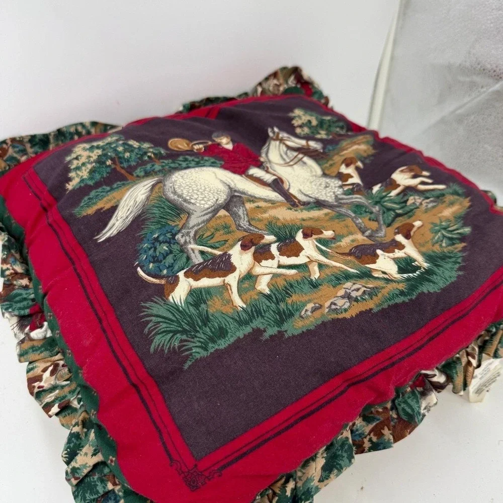 Vintage throw pillow featuring an English equestrian fox hunting scene